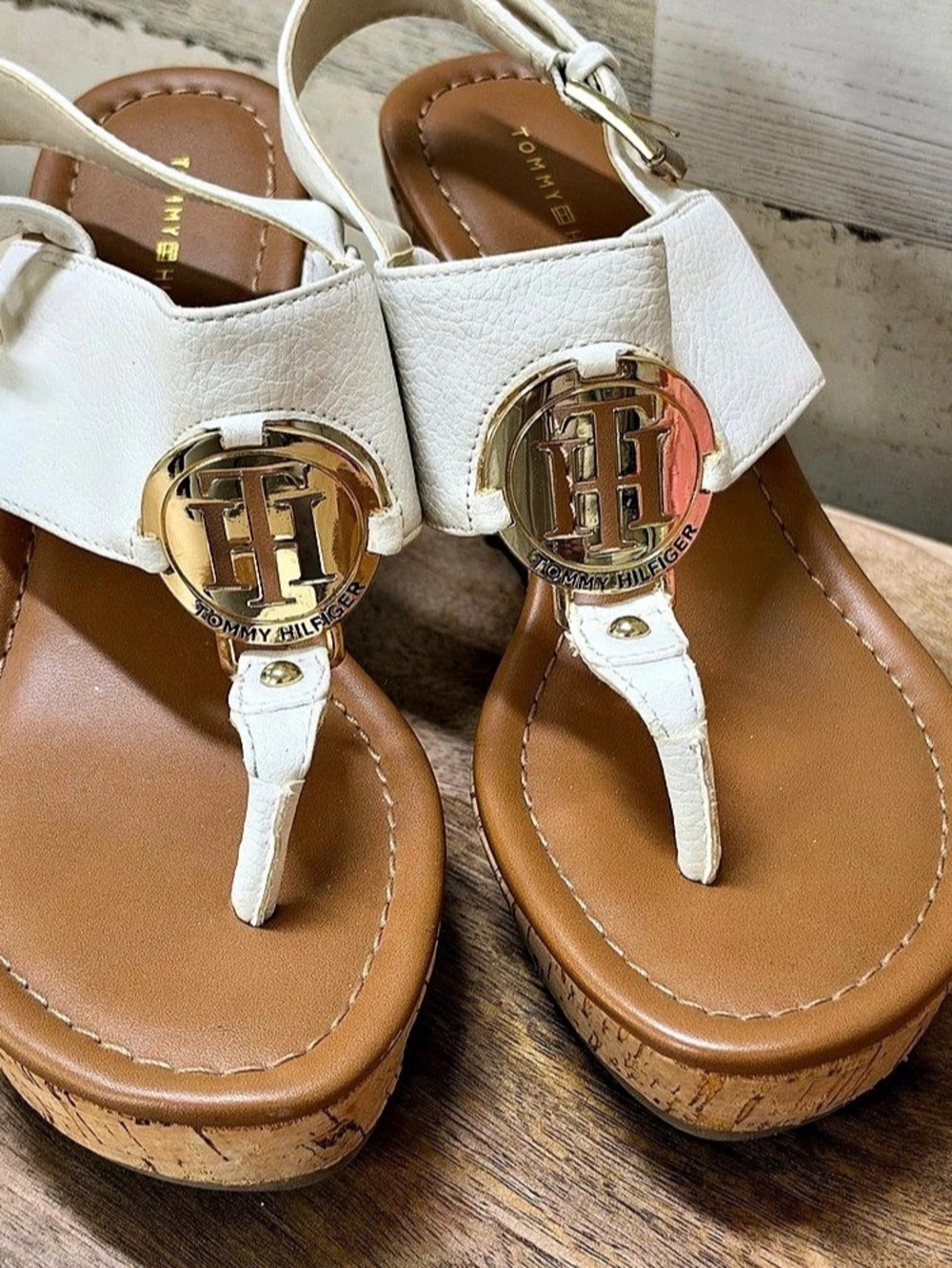 Tommy Hilfiger White Cork Wedge Sandals US 6